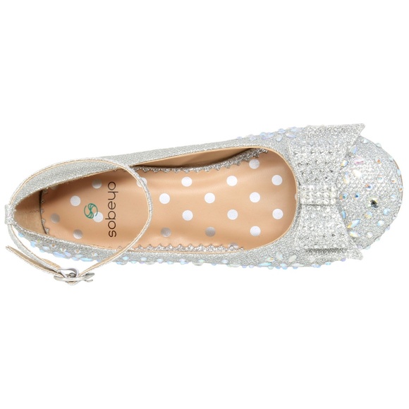 Kids Silver Glitter Rhinestone Bow Low Heel MARY50 - Picture 5 of 6